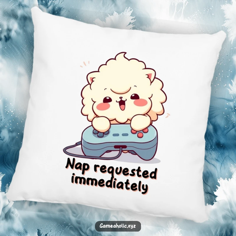 Funny Pillow: Fluffy character in mid-button mash on a controller, bringing softness and humor to relaxation.