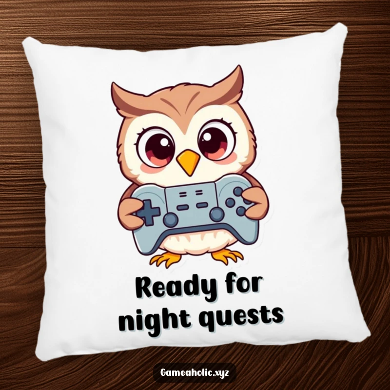 Funny excited owl holding a game controller, plush pillow, comfortable and humorous home accent.