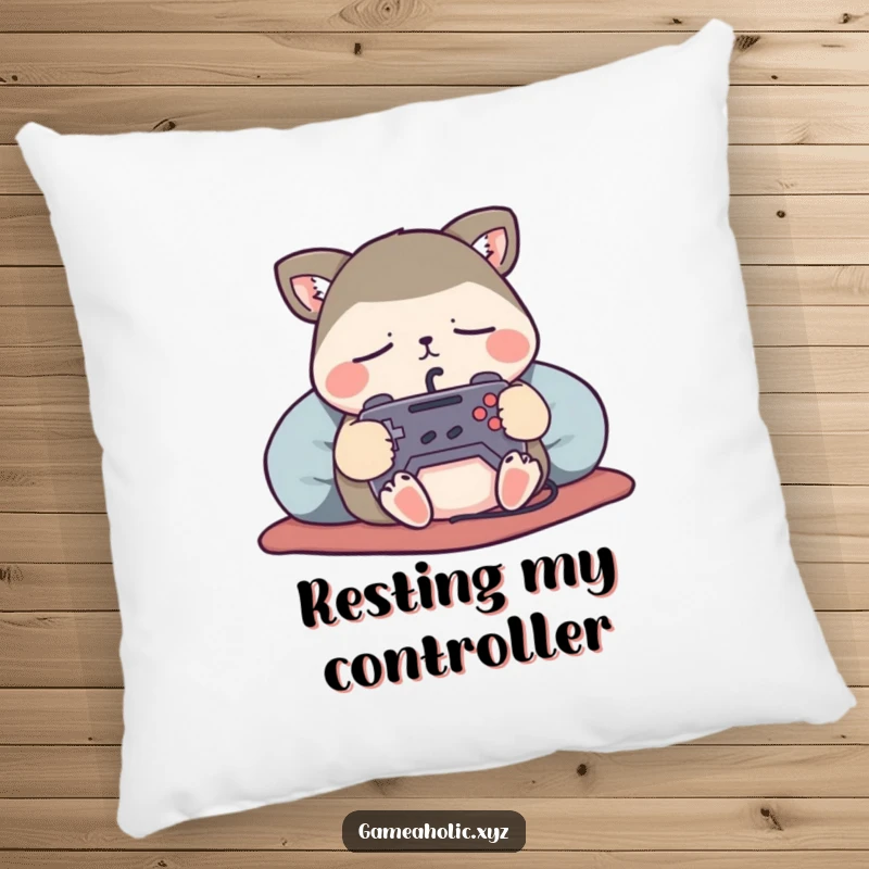 Funny Pillow featuring a content animal character sleeping soundly, clutching a small game controller, for ultimate comfort and gamer dreams.
