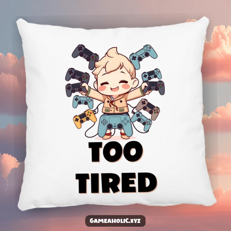 Funny Pillow: Character balancing many game controllers with a silly grin, adding humor and comfort.