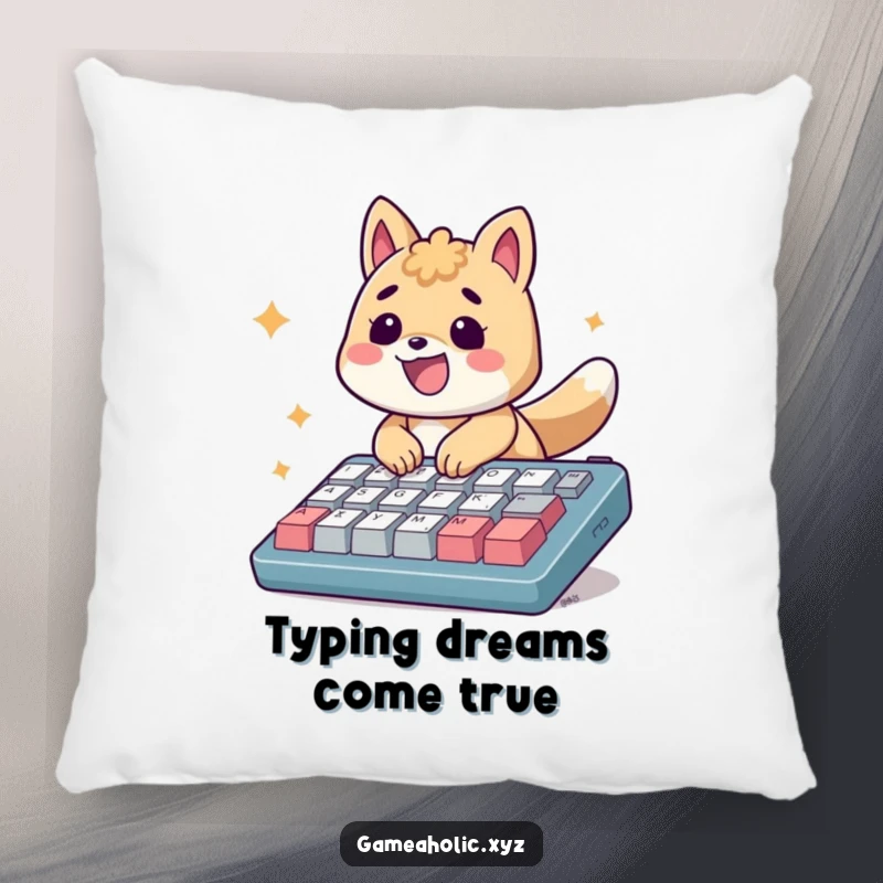 Funny Pillow: An energetic animal smiles, typing rapidly on an oversized keyboard with joy.