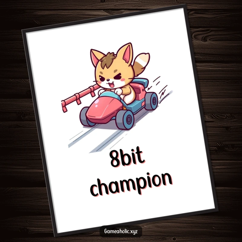 Funny determined animal character racing a tiny vehicle on a pixelated track, a printable digital art piece for gamers.