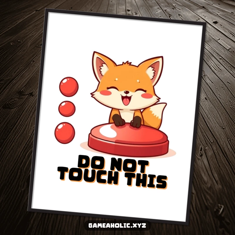 Funny fox digital art print of a giggling fox enthusiastically pressing a very large red button, perfect for humorous and dynamic wall decor.
