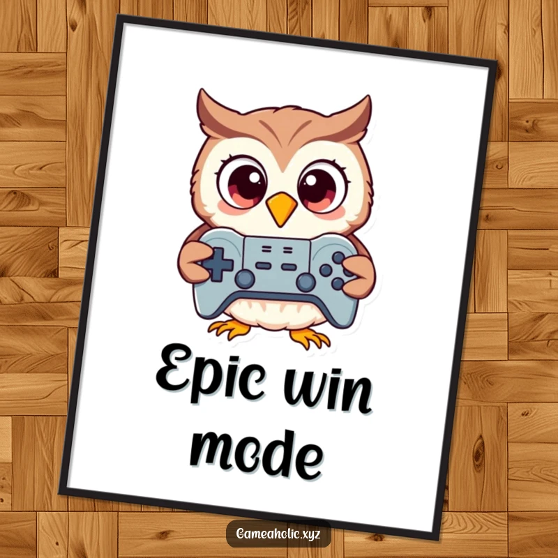 Funny excited cartoon owl holding a game controller, digital art print, humorous gamer decor download.