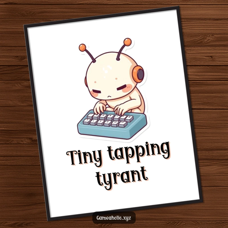 Funny alien typing digital art print showing a small creature with antennae tapping furiously on a tiny keyboard, capturing tech humor.