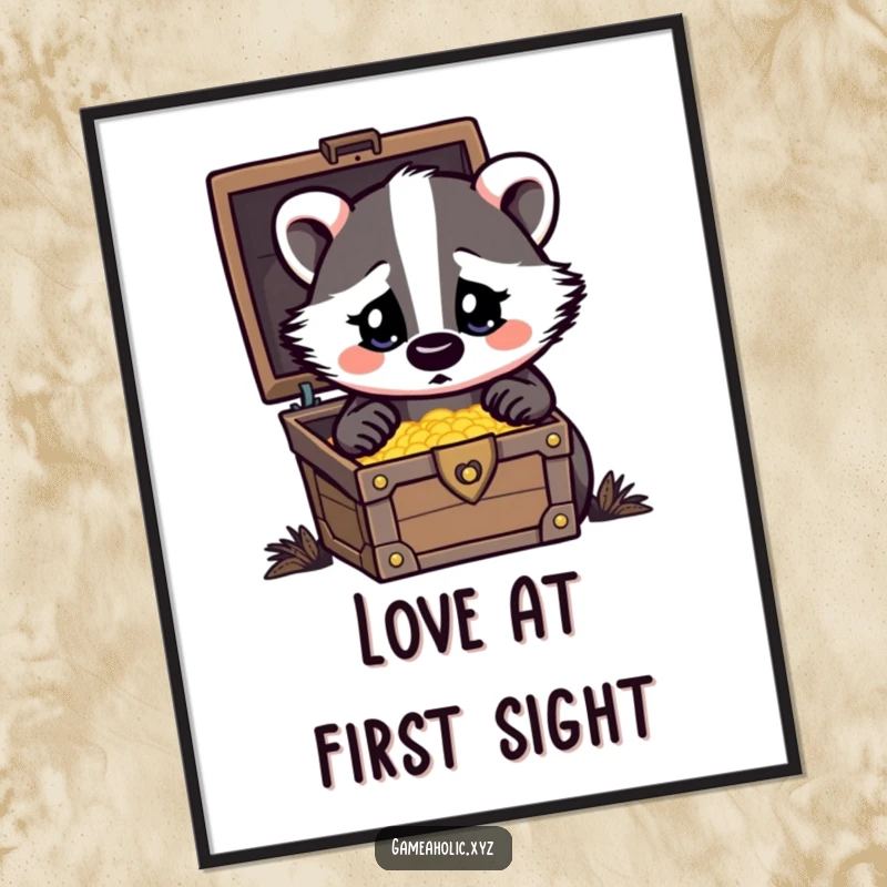 Funny Digital Art Print of a badger with heart eyes looking at a treasure chest, adding obsession decor.