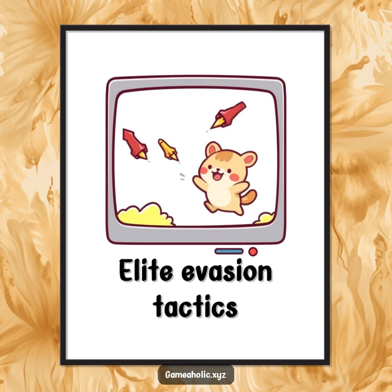 Funny digital art print of a cute animal character dodging screen projectiles, a humorous and lively piece for any wall.