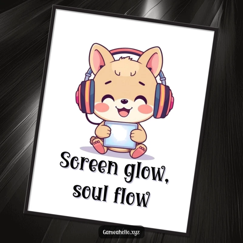 Funny Digital Art: A happy animal wears headphones, immersed in a glowing screen with delight.