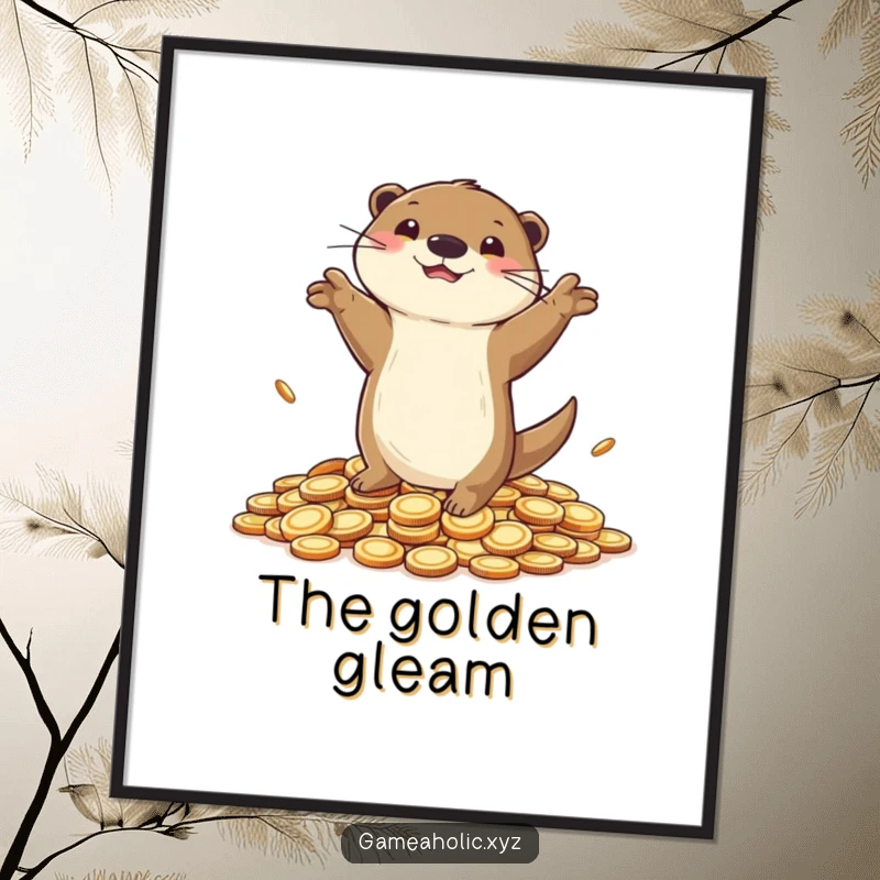Funny Digital Art Print of a playful otter dancing on coins, perfect for celebratory and humorous decor.