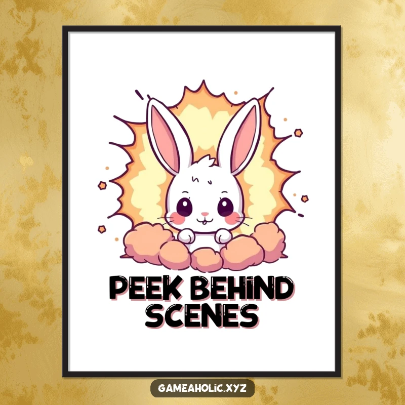Funny rabbit digital art print of a curious bunny peeking from a large pixelated explosion, ideal for gamers and retro art lovers.