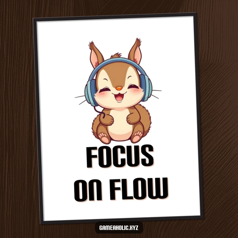 Funny Digital Art Print of a squirrel wearing headphones, intensely focused on a screen, great for humorous decor.