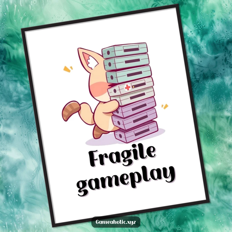 Funny tripping gamer digital art print of a clumsy animal character comically tripping with a pile of video game cartridges.