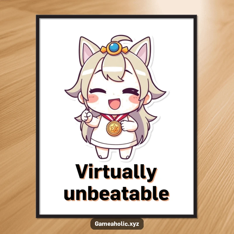 Funny digital art print of a character winking and holding a medal, perfect for adding a humorous and motivational touch.