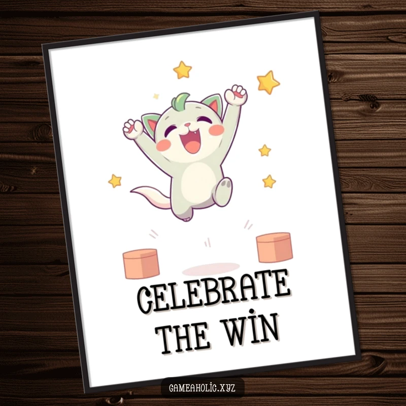 Funny digital art print of a cute creature in a dynamic leap, celebrating a virtual victory, perfect for vibrant, humorous decor.