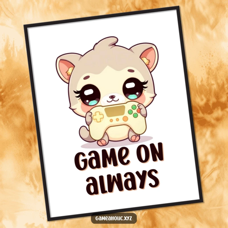 Funny gamer animal digital art print of a cute character with sparkling eyes, holding a glowing video game controller.