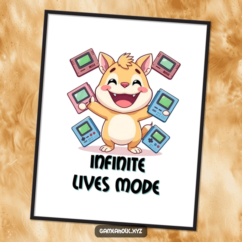 Funny gamer animal digital art print of an energetic animal with a huge grin, juggling game cartridges, a perfect funny gift.