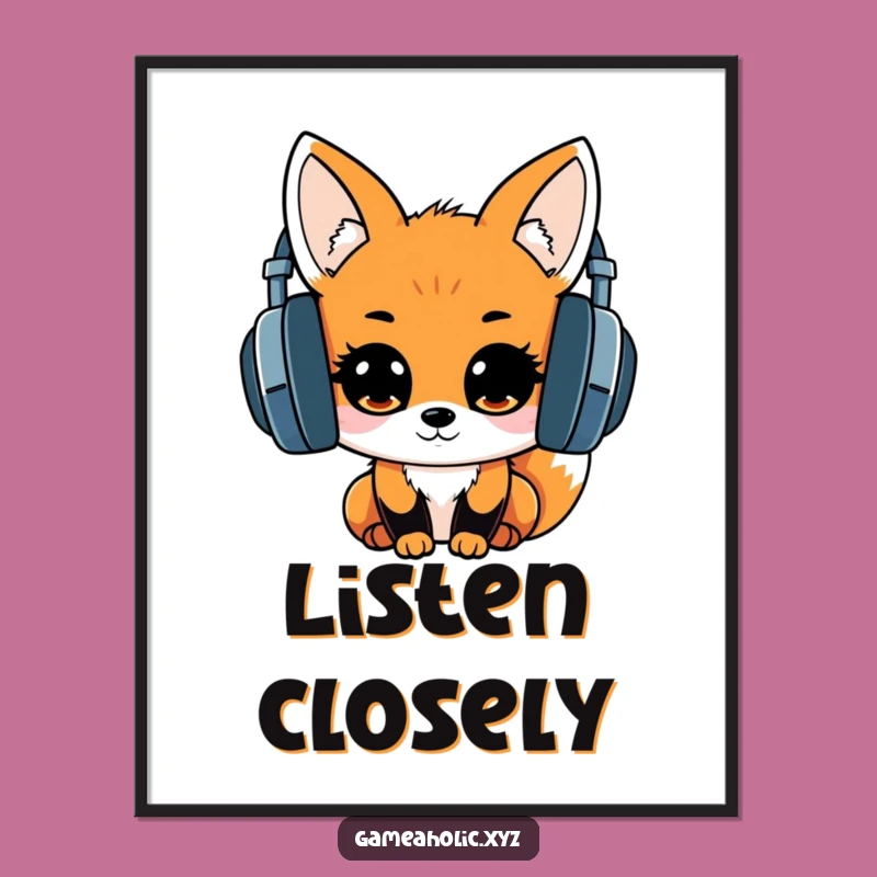 Kawaii Fox Headphones Digital Art: Exciting Music Fox Print for Cute Decor