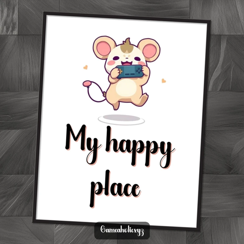 Funny digital art print of a cute creature with round ears, leaping joyfully with a game controller, for gamers.