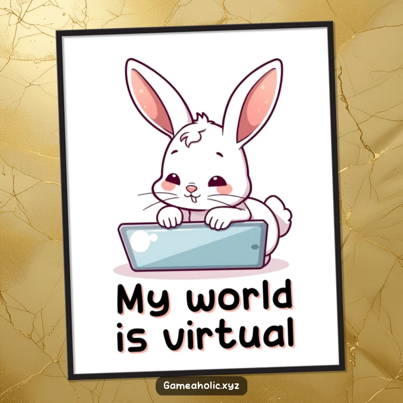 Funny digital art print of a bubbly bunny intently focused on a screen, perfect for unique wall decor. A great funny gift.