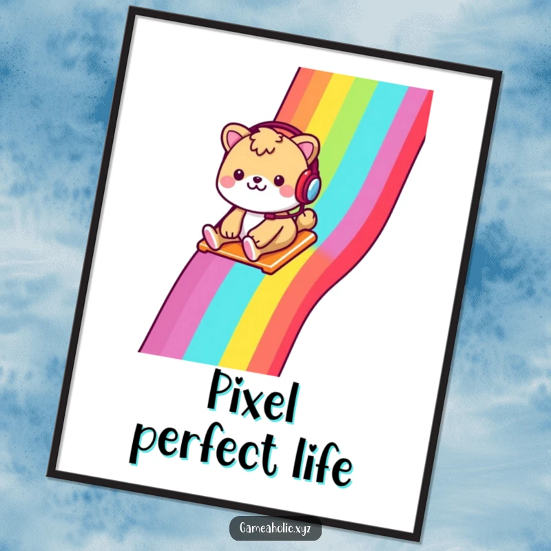 Funny digital art print of a cheerful animal with a headset, sliding down a rainbow pixelated slide, for digital art.