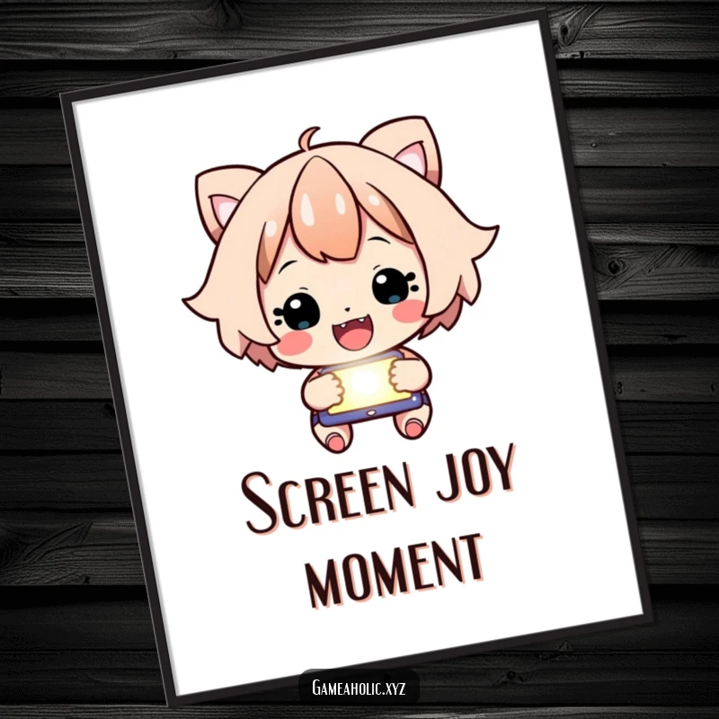 Funny Digital Art Print showing a happy character intensely focused on a glowing screen, cheering victoriously.