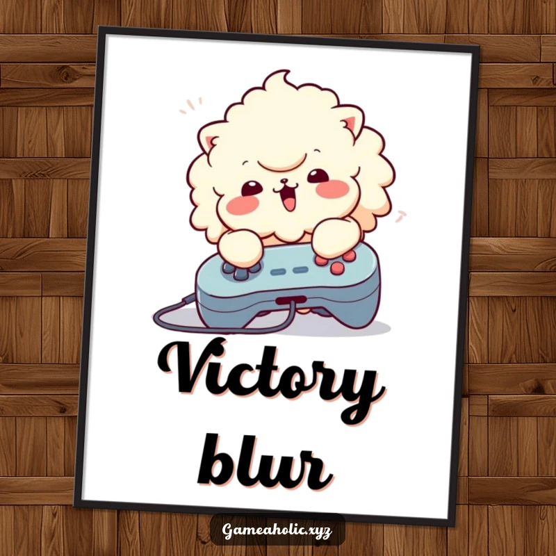 Funny Digital Art Print: Fluffy character with pure joy, enthusiastically mashing buttons on a game controller, vibrant art.