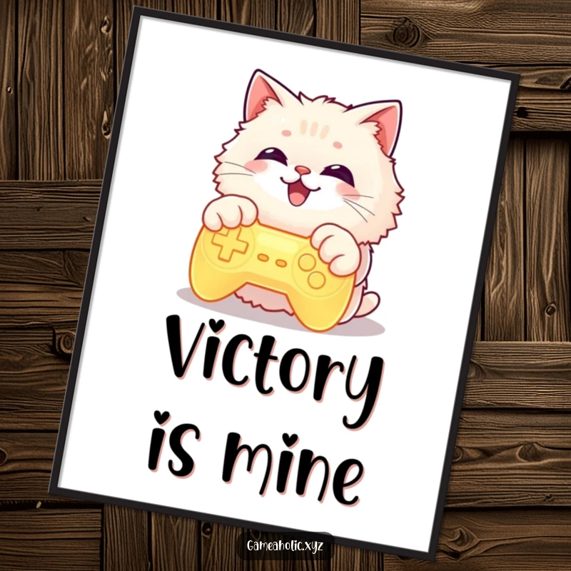 High-resolution digital art of a funny cat with paws on a glowing controller, grinning widely, ideal for gaming decor.