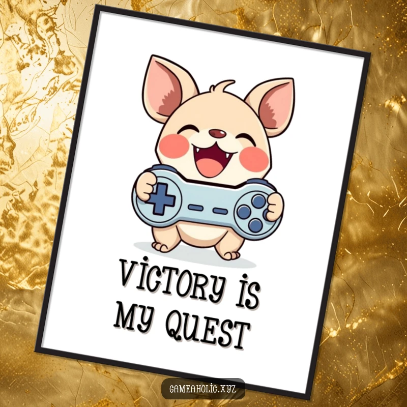 Funny gamer creature digital art print of a cute character with large ears gleefully clutching a game controller, perfect for funny gift download.