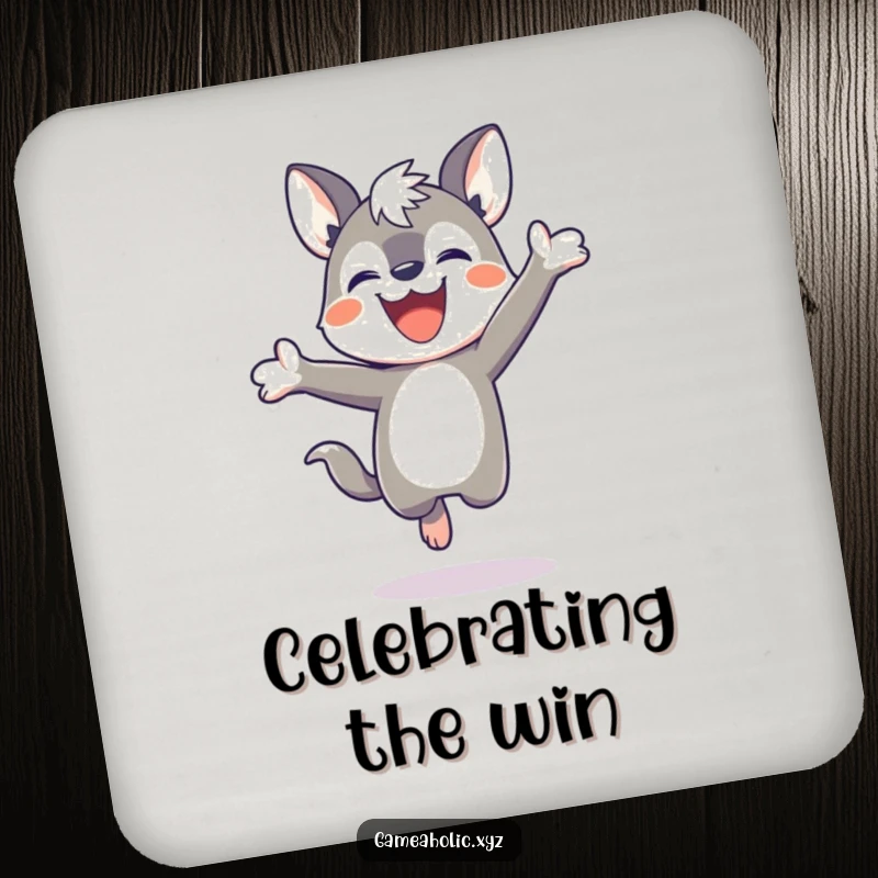 Funny drink coasters with a determined animal character jumping victoriously, celebrating a game win with pure joy.