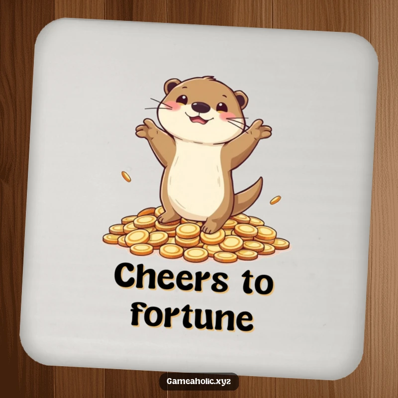 Funny Drink Coaster with a playful otter dancing on coins, bringing celebratory humor to your table.