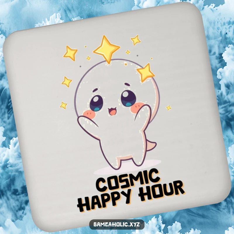 Funny drink coaster featuring a character with wide, starry eyes, reaching out towards a small floating icon, adding humor to surfaces.