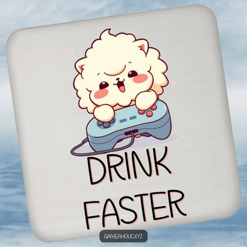Funny Drink Coasters: Fluffy character wildly mashing buttons on a game controller, protecting surfaces with humor.