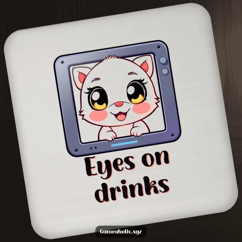 Funny Drink Coasters: Creature with large, happy eyes, intensely looking at a screen, protecting surfaces humorously.