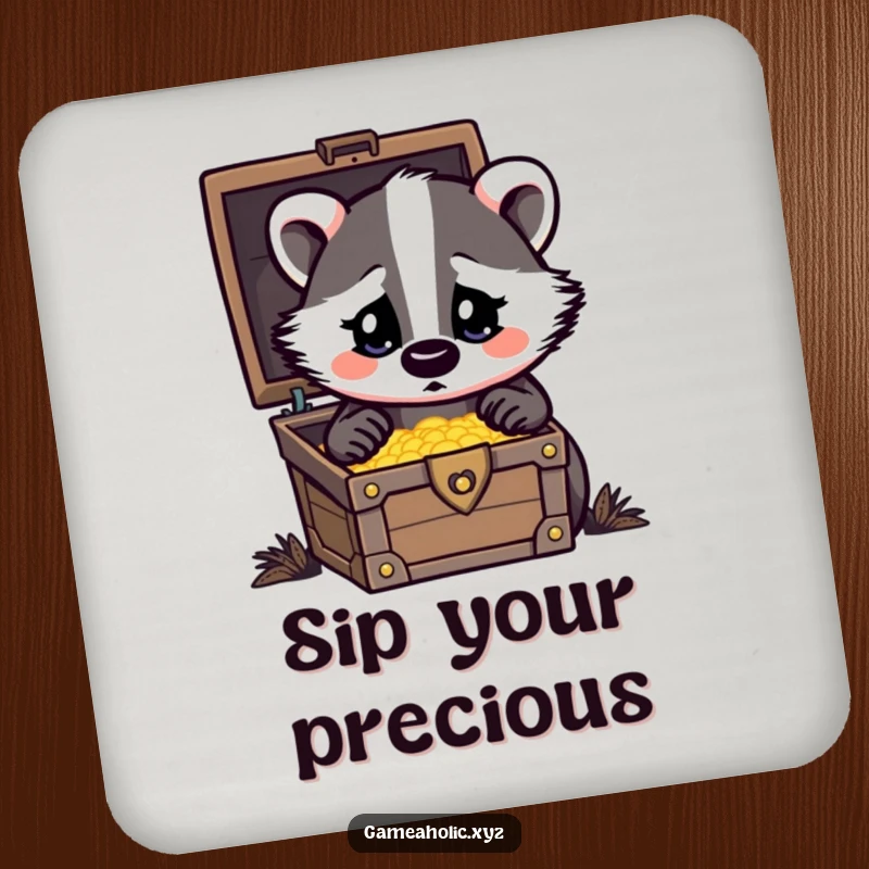 Funny Drink Coaster featuring a badger with heart eyes looking at a treasure chest, adding treasure decor.
