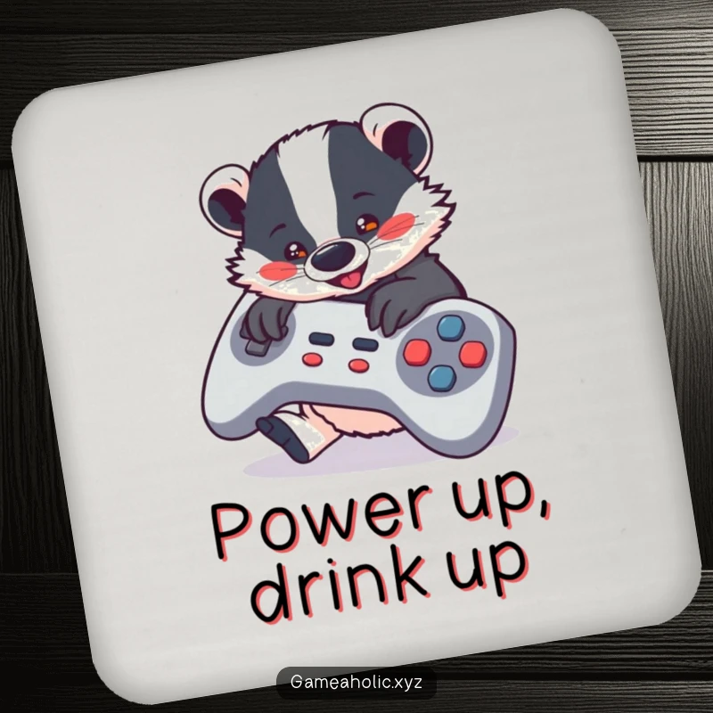 Funny Drink Coaster featuring a cute badger mashing game controller buttons, bringing gamer humor to your table.