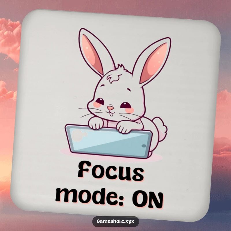 Funny coaster showing a bubbly bunny intensely focused on a digital screen, a humorous addition to any table. A small funny gift.