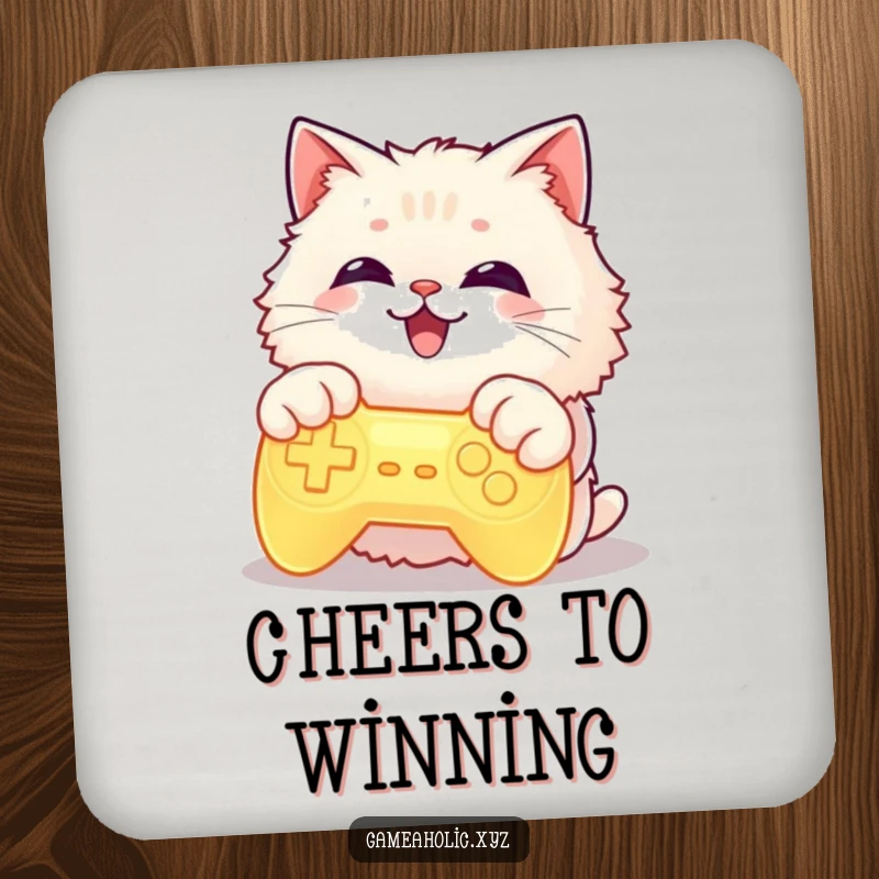 Funny cat with paws on a glowing game controller, grinning widely, printed on a drink coaster, for gamers.