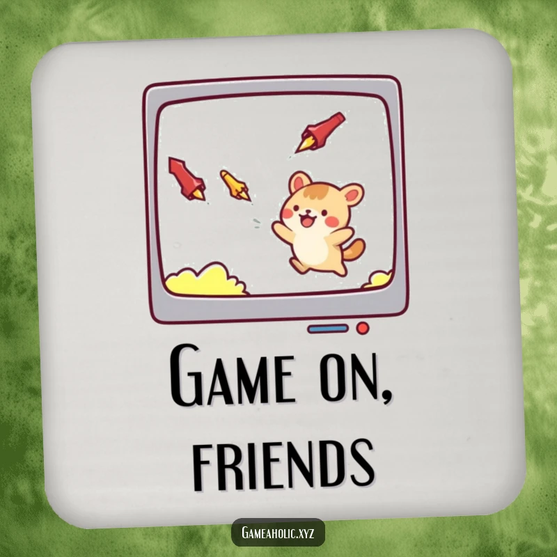 Funny drink coaster featuring a cute animal character dodging virtual rings, protecting surfaces with a humorous gaming theme.