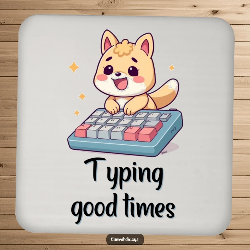 Funny Coaster: An energetic animal smiles, typing rapidly on an oversized keyboard with speed.