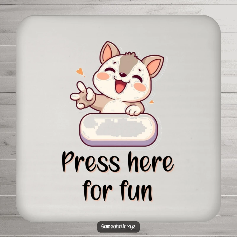 Funny drink coaster featuring a determined animal character smashing a virtual button, protecting surfaces.