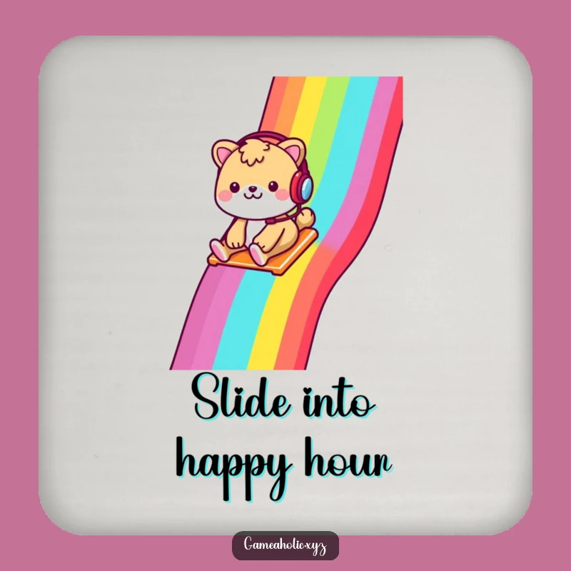 Funny Gamer Animal Drink Coaster Set - Cheerful Animal Slides Rainbow, Home Gift!