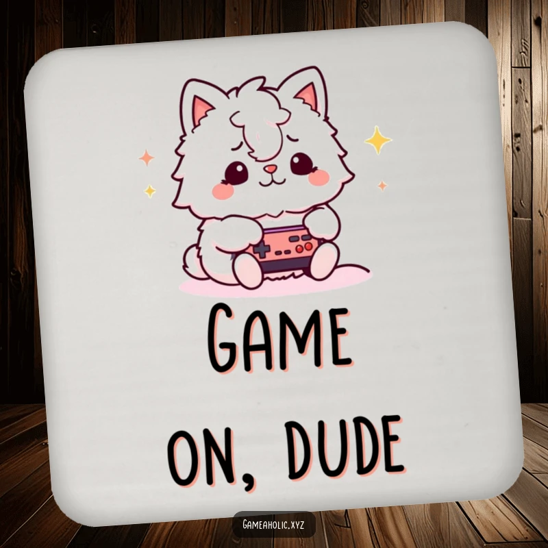 Funny gamer cat coaster with a fluffy animal character playing a video game, showcasing gamer focus and protecting surfaces with humor.