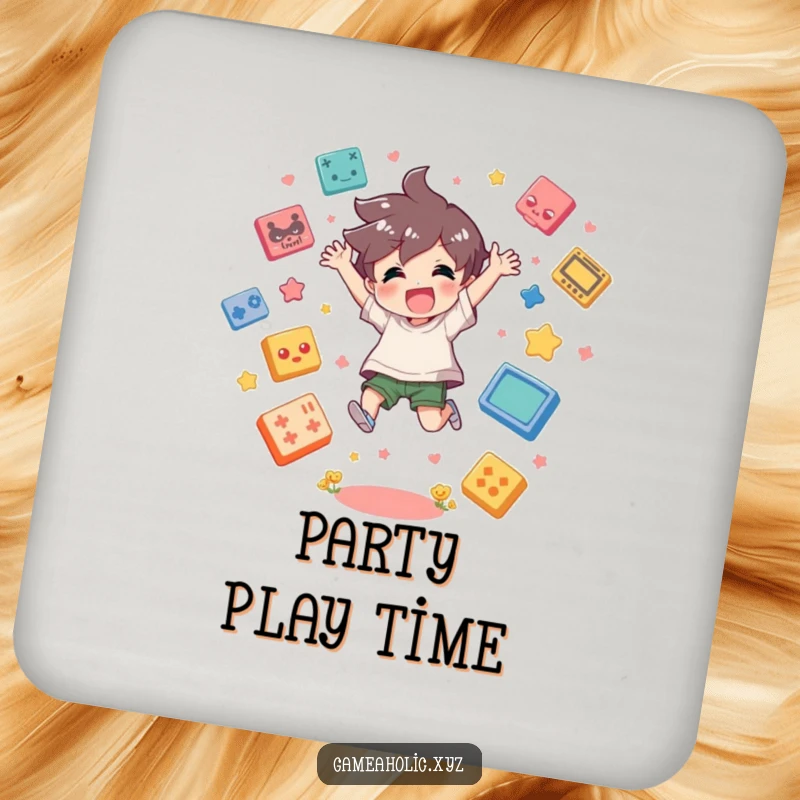 Funny Coasters featuring a jumping character surrounded by game icons, protecting surfaces with playful gamer charm.