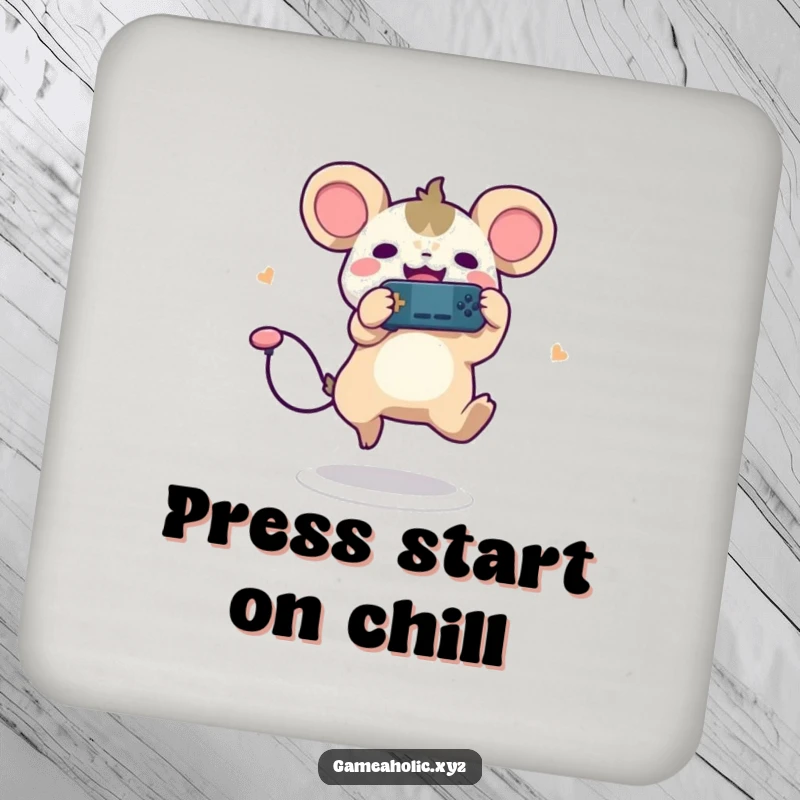 Funny drink coaster set featuring a cute creature, round ears, leaping joyfully with a game controller, for home.