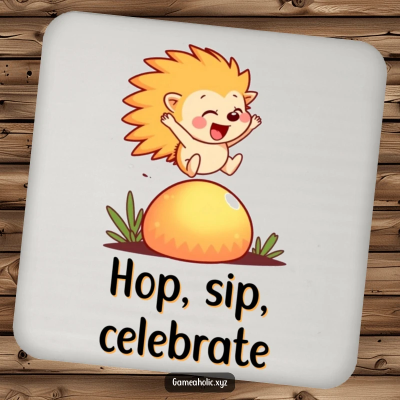 Funny Drink Coaster featuring a hedgehog joyfully leaping over a glowing mushroom, adding whimsical decor.