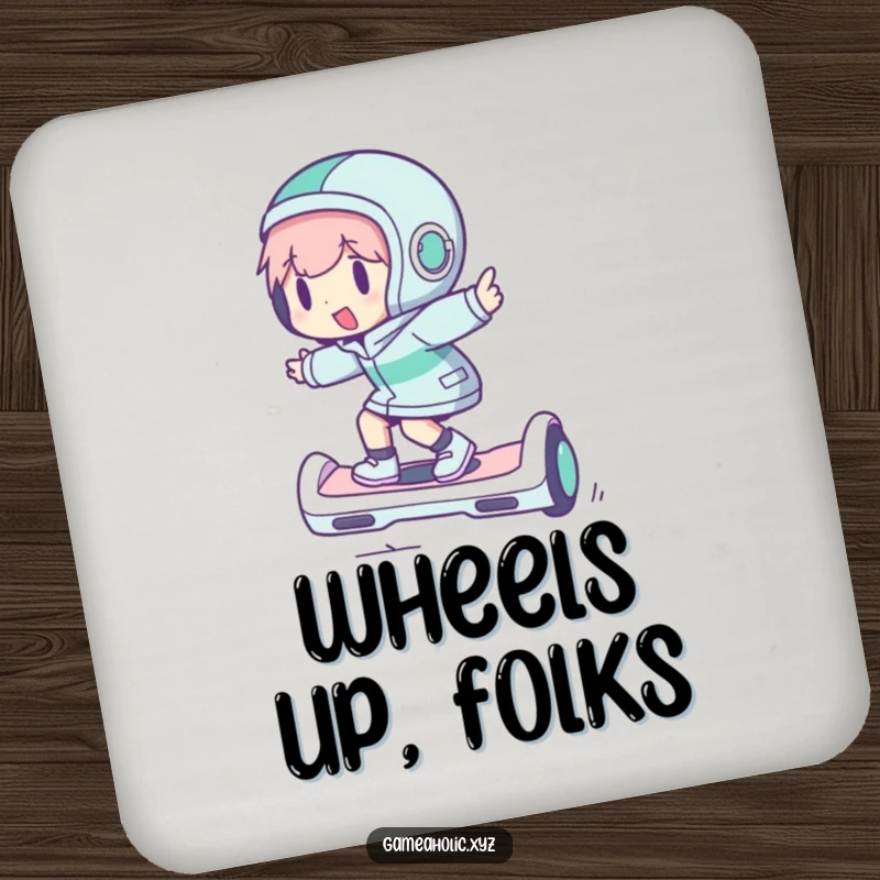 Funny drink coaster featuring a character zipping on a hoverboard, protecting surfaces with a playful and modern design.