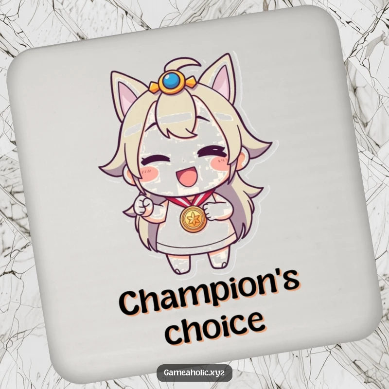 Funny drink coaster showcasing a cheerful character winking and holding a medal, protecting surfaces with celebratory charm.