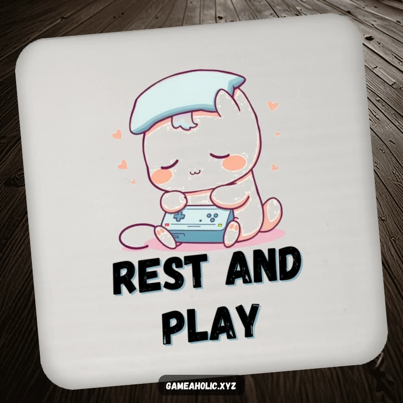 Funny drink coaster with a sleepy creature having a pillow for a head, playing a game, providing humorous protection.