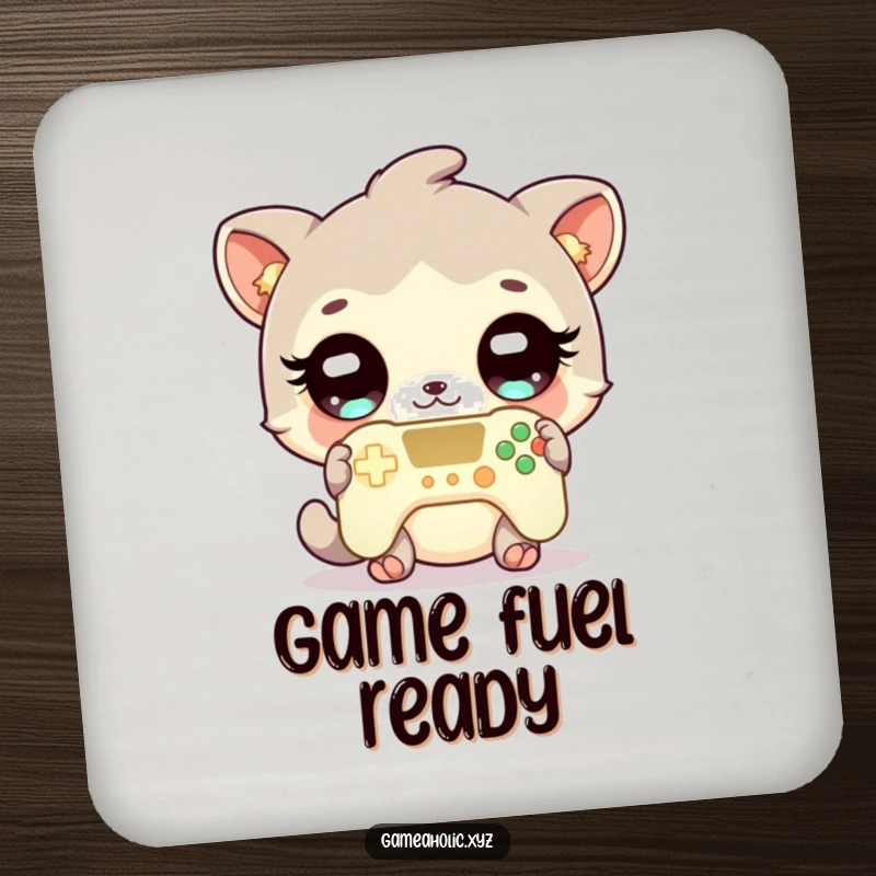 Funny gamer animal drink coaster with a cute character, sparkling eyes, and a glowing game controller, guarding tables.