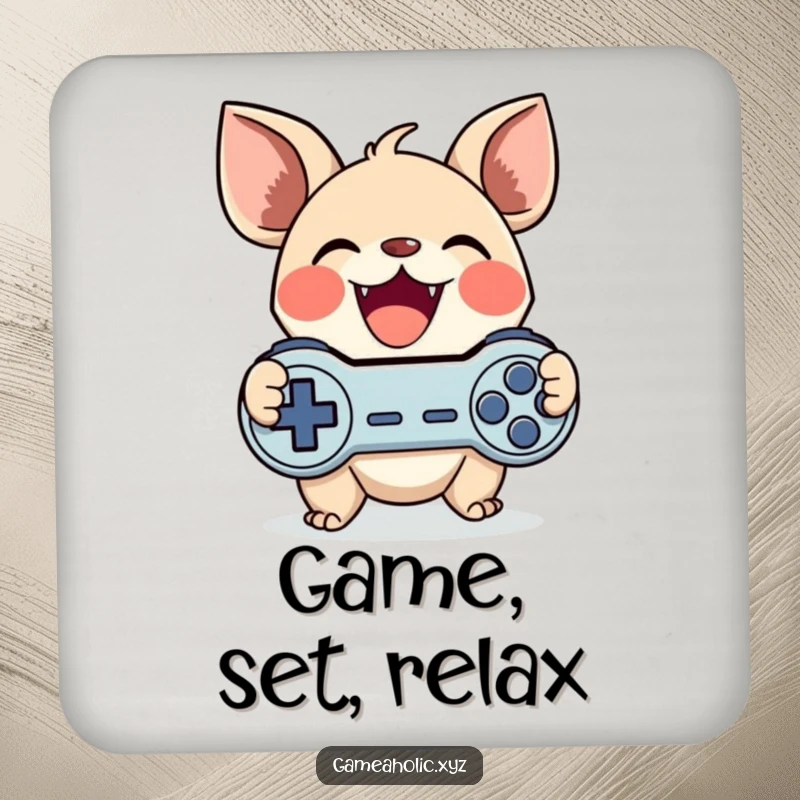 Funny gamer creature coaster featuring a cute character with large ears gleefully clutching a game controller, a cute funny gift.